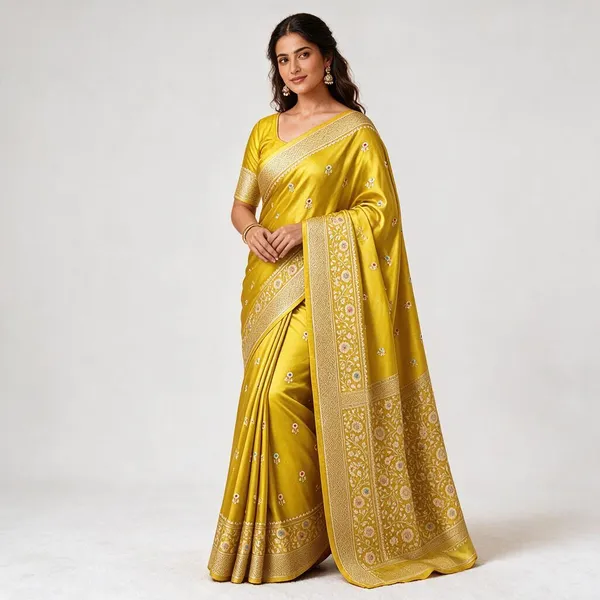 Yellow_Organza_Saree_With_Blouse_Piece_For_Women