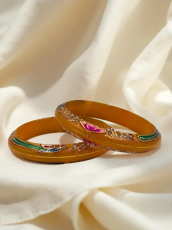 Mustard_Gold_Enamel_Floral_Bangle_Set_For_Women