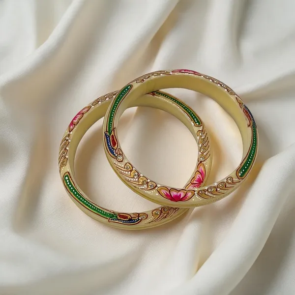 Cream_Gold-Tone_Hand_Painted_Floral_Bangle_Set_For_Women_Pack_Of_2