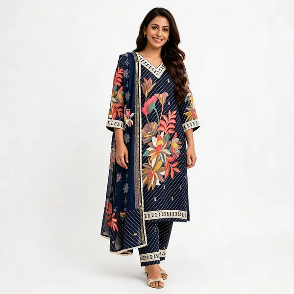 Navy_Blue_Rayon_Foil_Print_Floral_Kurta_Set_For_Women