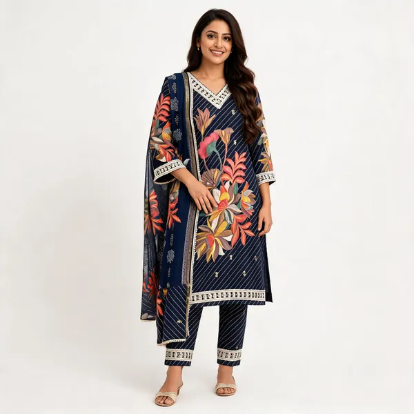 Navy_Blue_Rayon_Foil_Print_Floral_Kurta_Set_For_Women