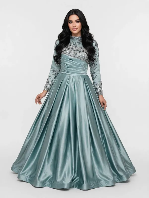 Teal_Satin_Embellished_Flared_Gown_for_Women