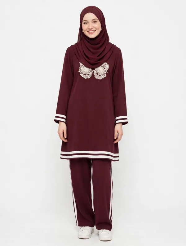 Maroon_Embroidered_Modest_Tunic_Set_For_Women