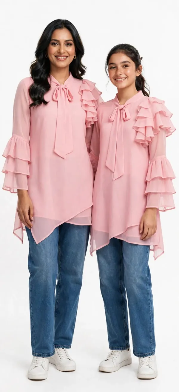 Pink_Ruffle_Tie-Neck_Top_for_Mother_And_Daughter