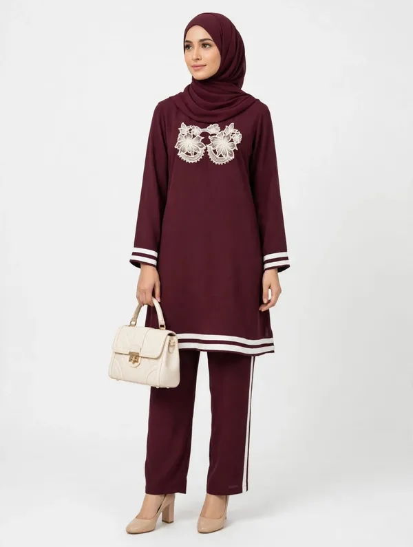 Maroon_Embroidered_Modest_Tunic_Set_For_Women