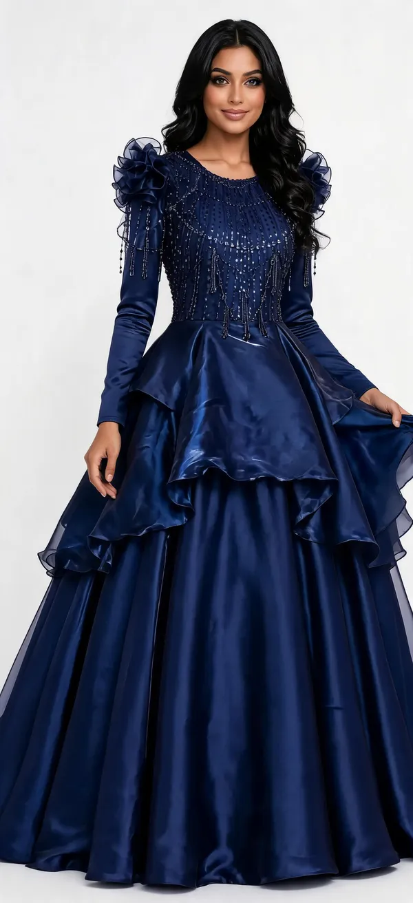 Navy_Blue_Layered_Ruffle_Flared_Gown_For_Women