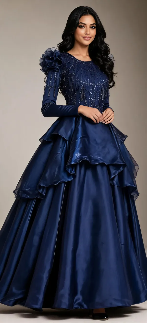 Navy_Blue_Layered_Ruffle_Flared_Gown_For_Women