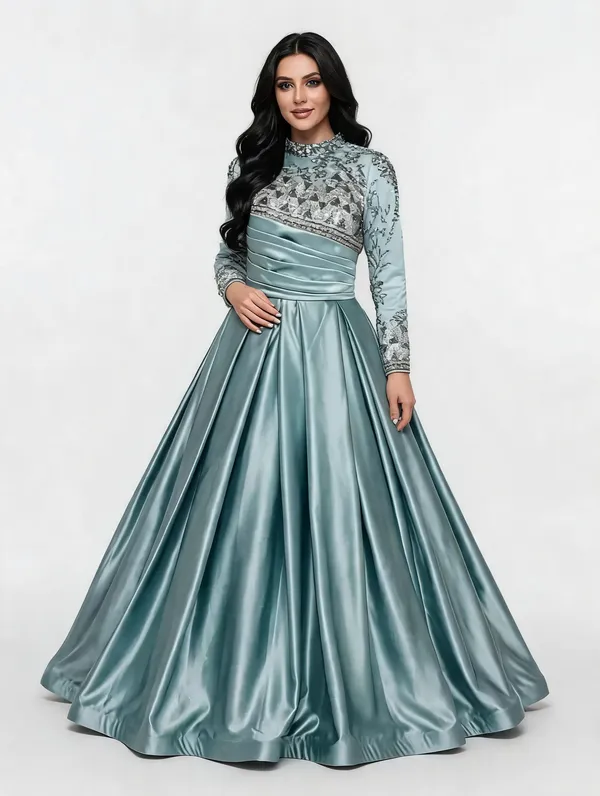 Teal_Sateen_Embellished_Flared_Gown_For_Women