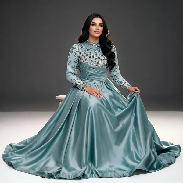Teal_Sateen_Embellished_Flared_Gown_For_Women