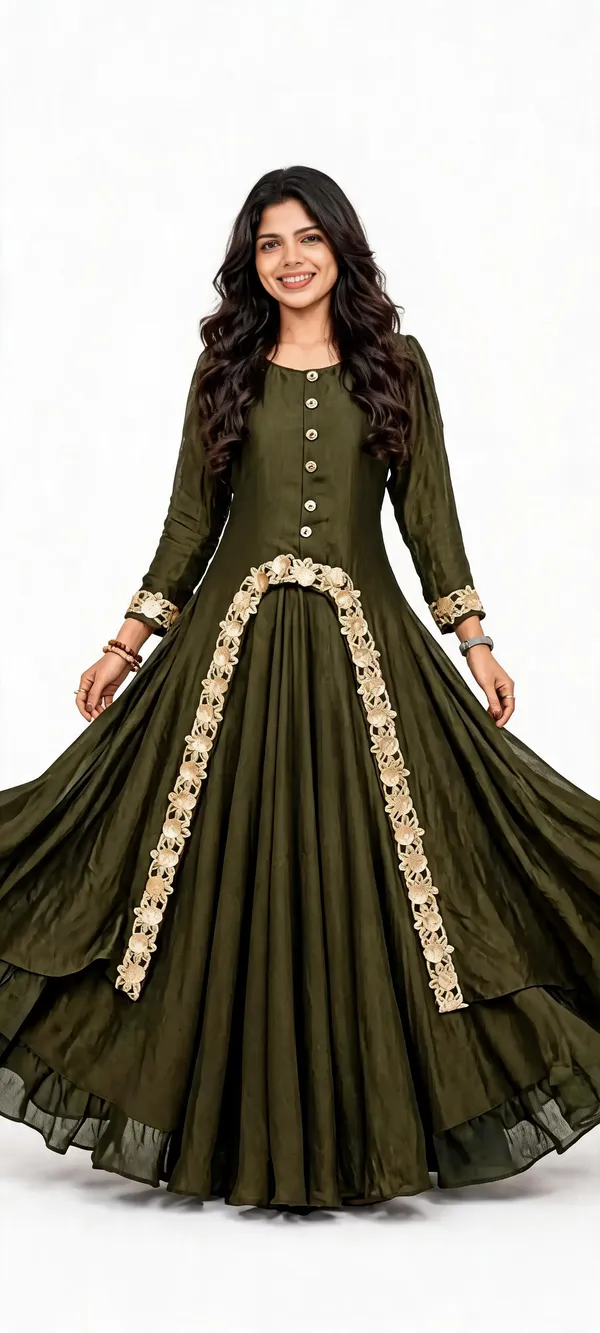 Olive_Green_Chinon_Flared_Anarkali_Dress_For_Women