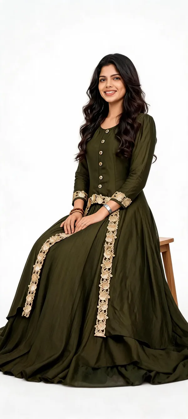 Olive_Green_Chinon_Flared_Anarkali_Dress_For_Women