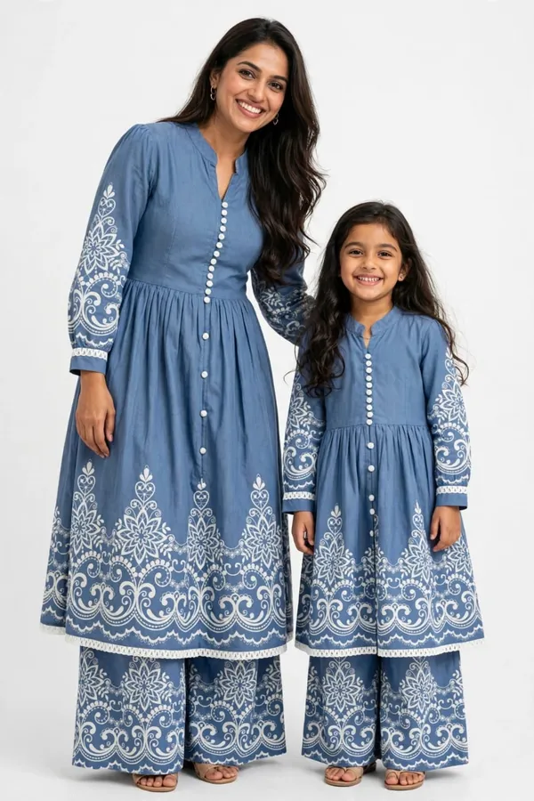 Blue_Printed_Flared_Kurta_Set_for_Mother_And_Daughter