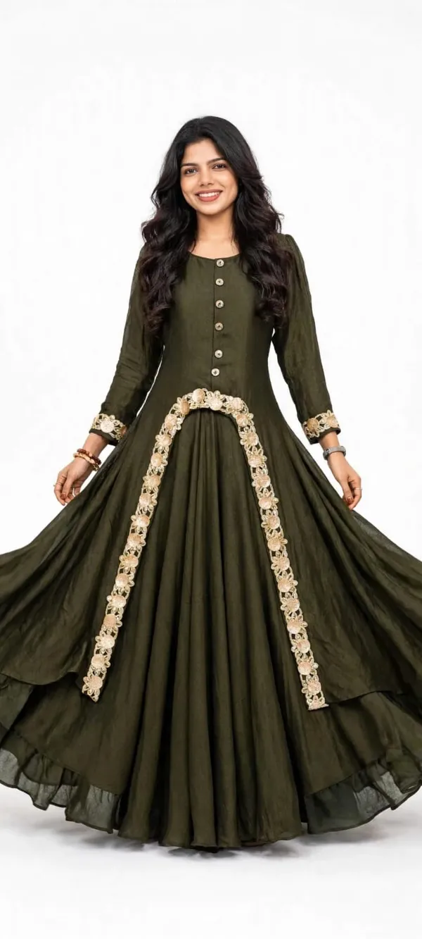 Olive_Green_Floral_Trim_Anarkali_Dress_for_Women