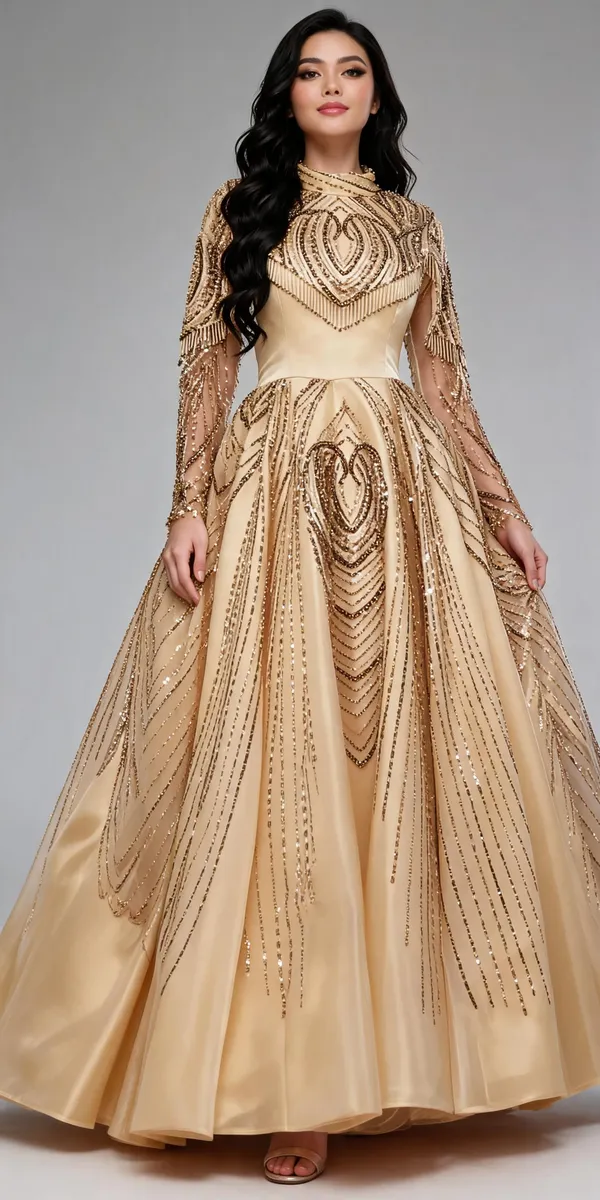 Champagne_Sequin_Embellished_A-Line_Gown_For_Women