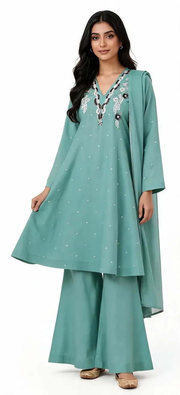 Teal_Star_Georgette_Embroidered_A-Line_Kurta_Set_For_Women