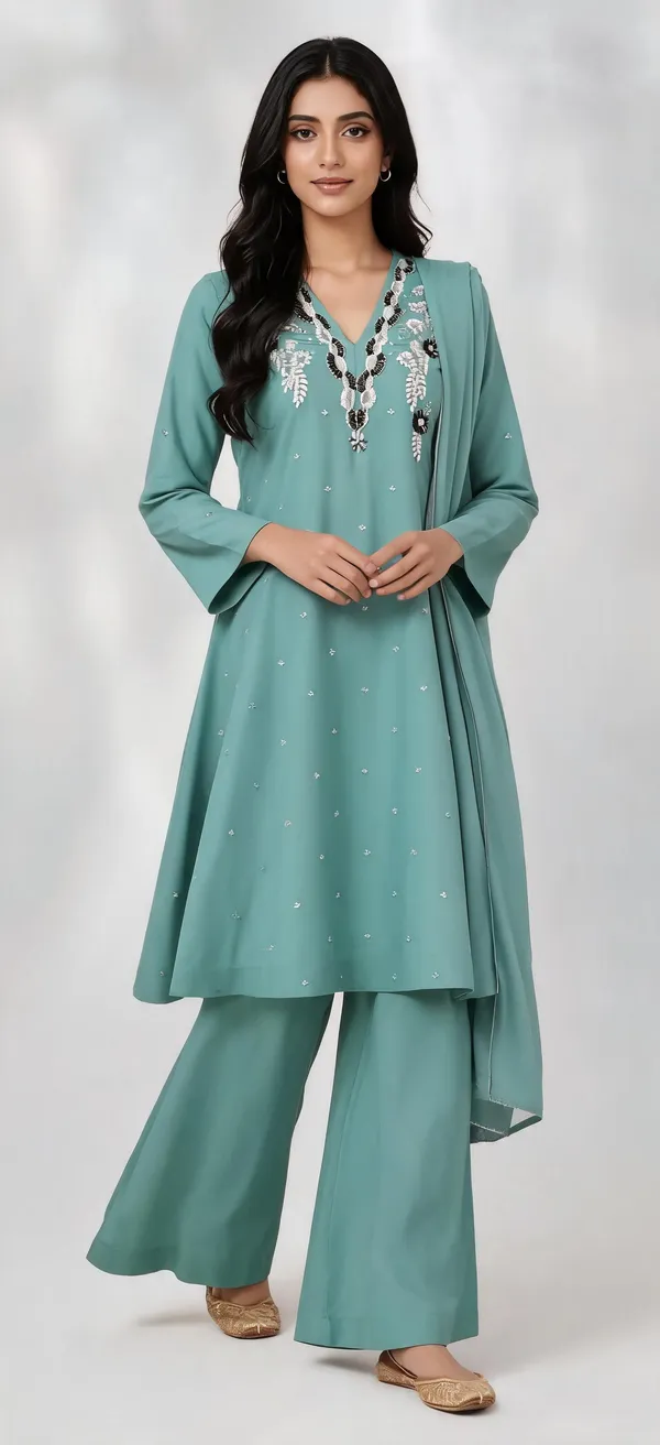 Teal_Star_Georgette_Embroidered_A-Line_Kurta_Set_For_Women