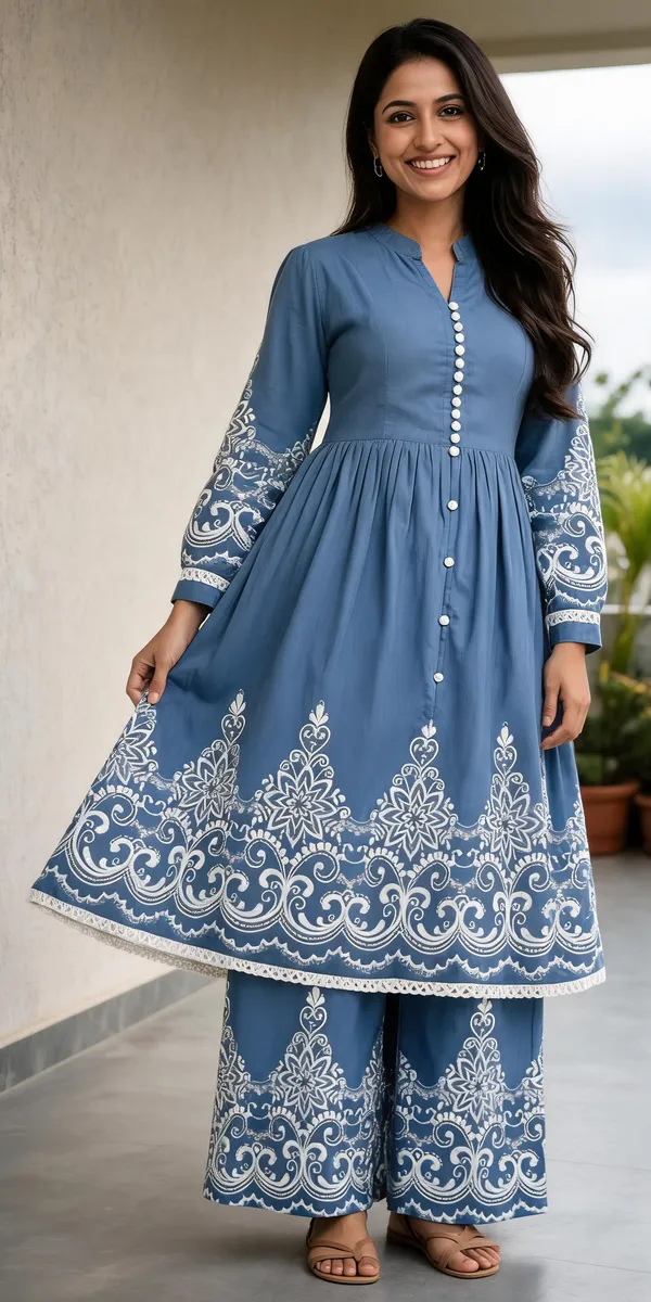 Blue_Cotton_Printed_Flared_Kurta_Set_For_Women