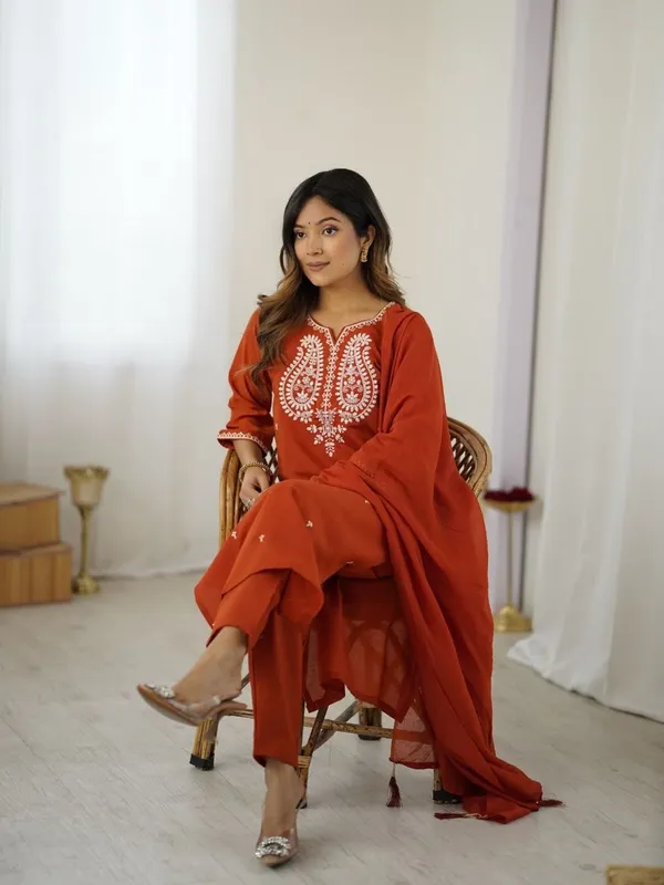 Rust_Orange_Embroidered_Straight_Kurta_Set_For_Women