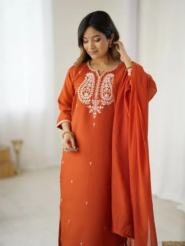 Rust_Orange_Embroidered_Straight_Kurta_Set_For_Women