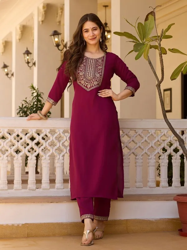 Maroon_Embroidered_Straight_Kurta_Set_For_Women