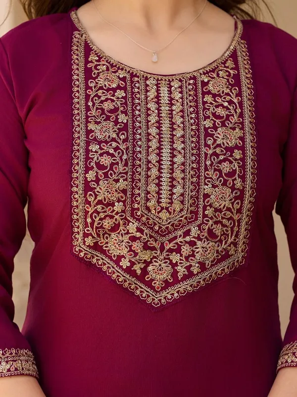 Maroon_Embroidered_Straight_Kurta_Set_For_Women