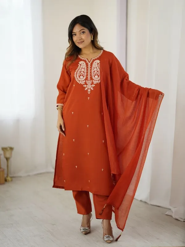 Rust_Orange_Embroidered_Straight_Kurta_Set_For_Women