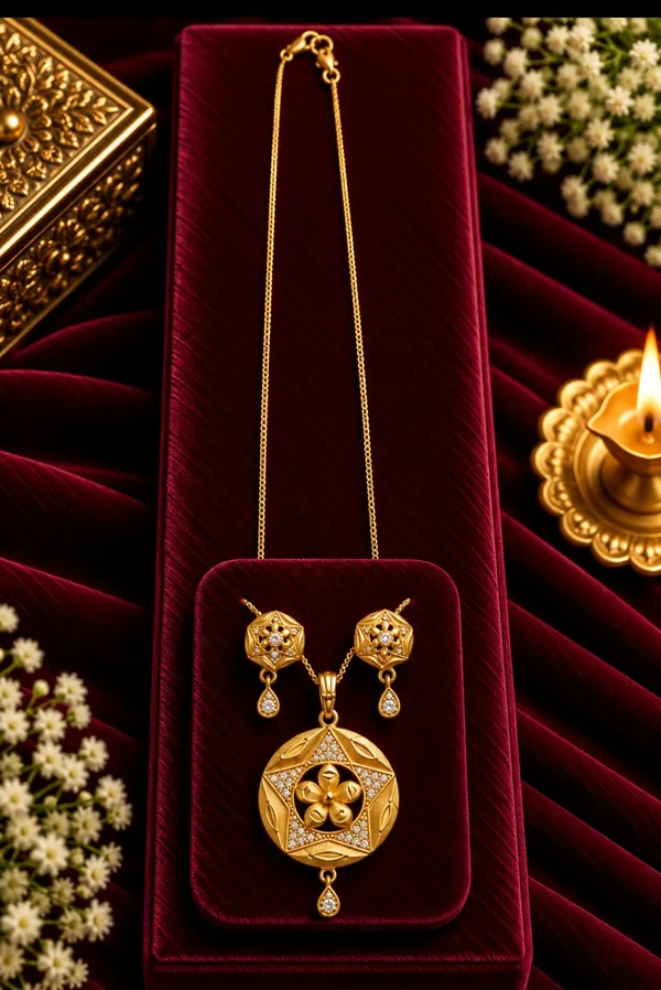 Gold_Tone_Floral_Pendant_Necklace_And_Earrings_Set_for_Women
