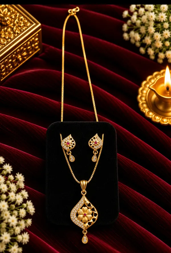 Gold-Toned_Floral_Pendant_Necklace_And_Earrings_Set_For_Women