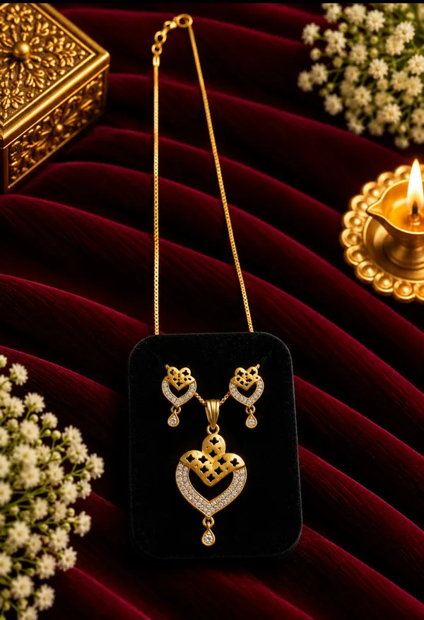 Gold_Tone_Heart_Pendant_Necklace_And_Earrings_Set_for_Women