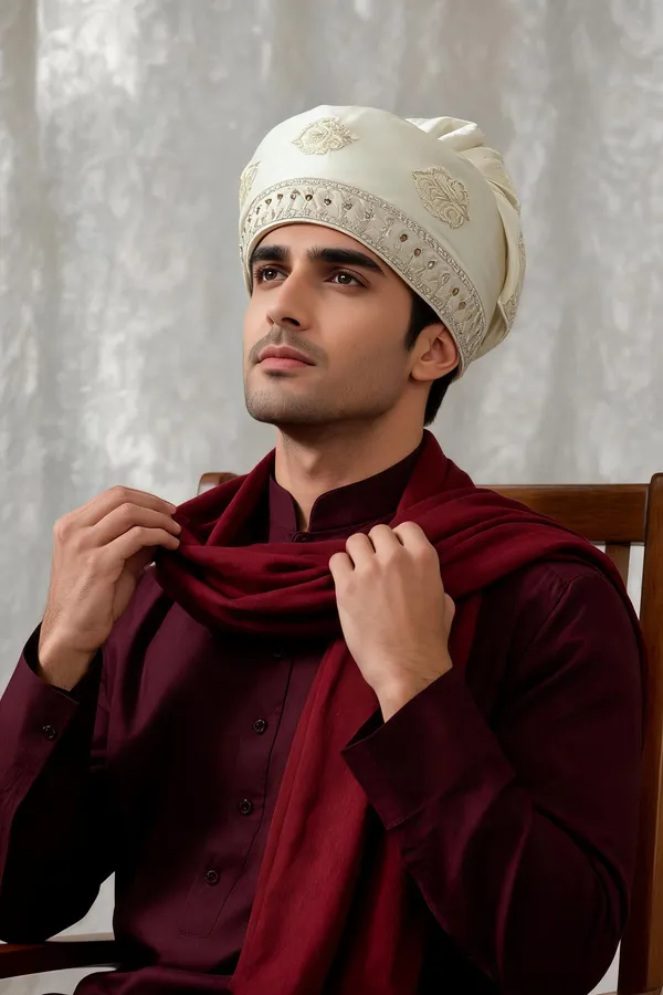 Ivory_Embroidered_Turban_With_Brooch_For_Men