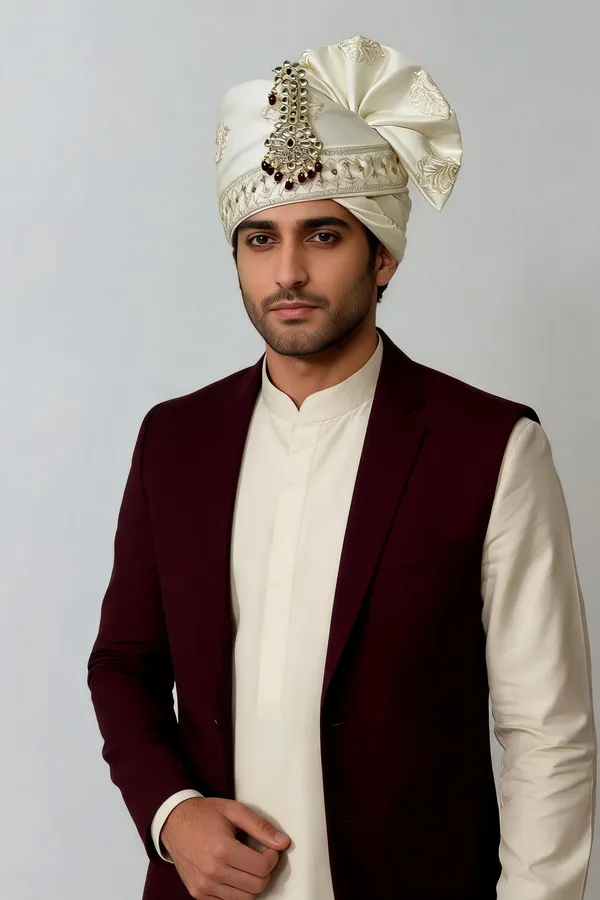 Ivory_Embroidered_Turban_With_Brooch_For_Men
