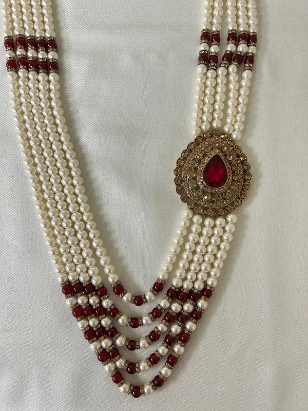 White_Pearl_Layered_With_Red_Beads_Mala_for_Groom