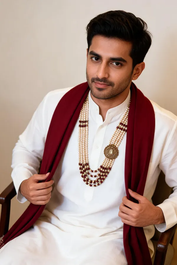 Pearl_Layered_Necklace_With_Maroon_Beads_For_Groom