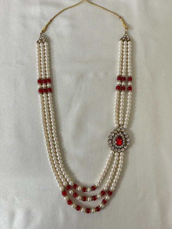 White_Pearl_Red_Stone_Layered_Necklace_for_Groom