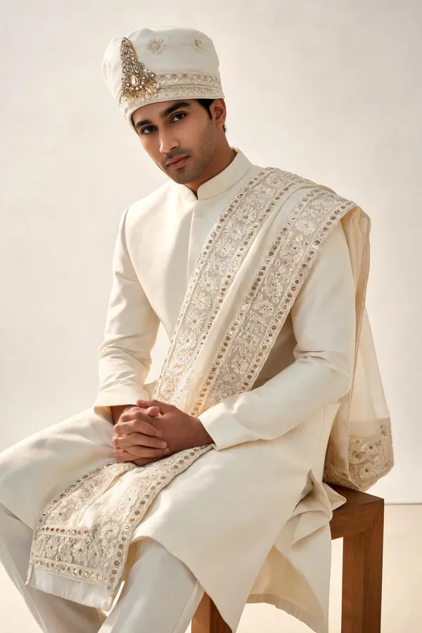 Ivory_Embroidered_Ethnic_Hand_Tied_Safa,_Dupatta_$_Kalagi_Set_For_Groom