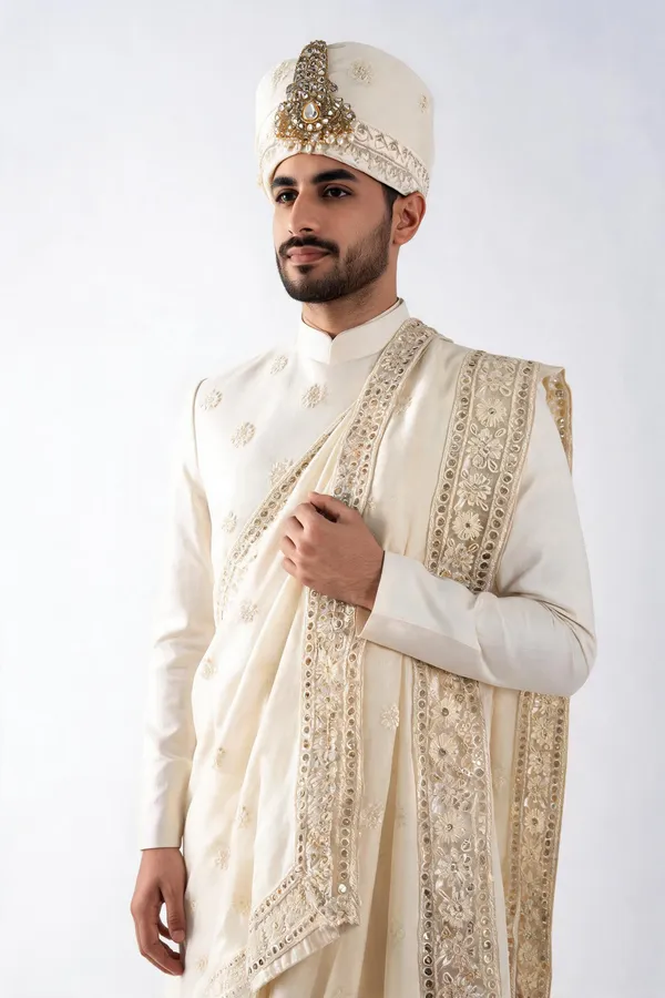 Ivory_Embroidered_Ethnic_Hand_Tied_Safa,_Dupatta_$_Kalagi_Set_For_Groom