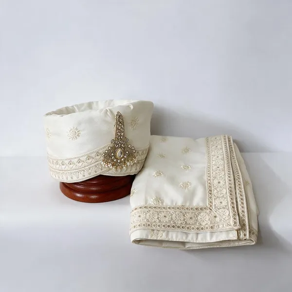 Ivory_Embroidered_Ethnic_Hand_Tied_Safa,_Dupatta_&_Kalagi_Set_For_Groom