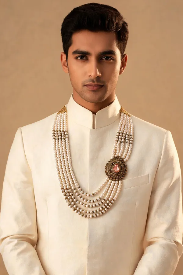 White_Blush_Peach_Pearl_Layered_Mala_For_Groom