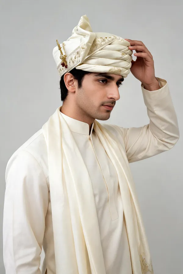 Ivory_Silk_Embroidered_Hand_Tied_Safa_For_Groom
