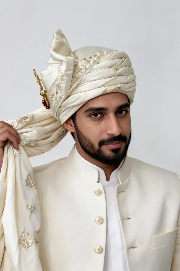Ivory_Silk_Embroidered_Hand_Tied_Safa_For_Groom