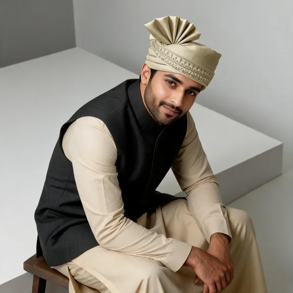Cream_Fabric_Embroidered_Turban_For_Men