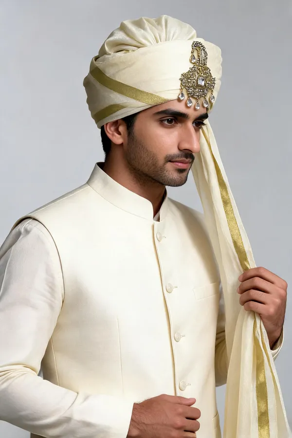 Cream_Chanderi_Silk_Ethnic_Hand_Tied_Safa__For_Men_With_Kalagi
