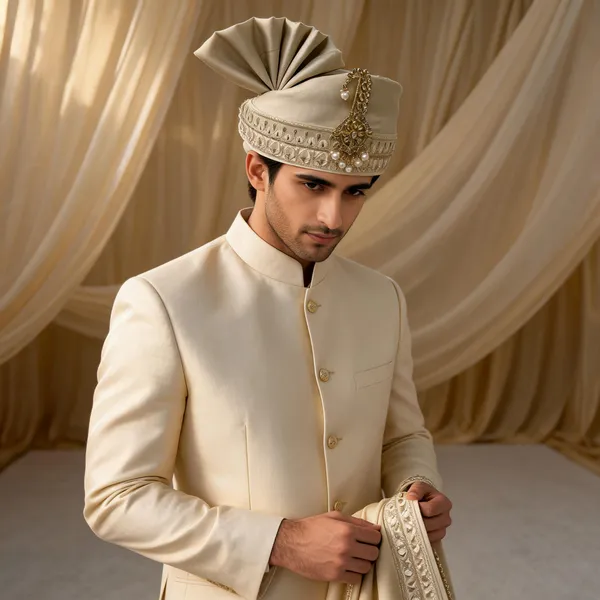 Light_Golden_Embroidered_Wedding_Safa_Set_For_Groom