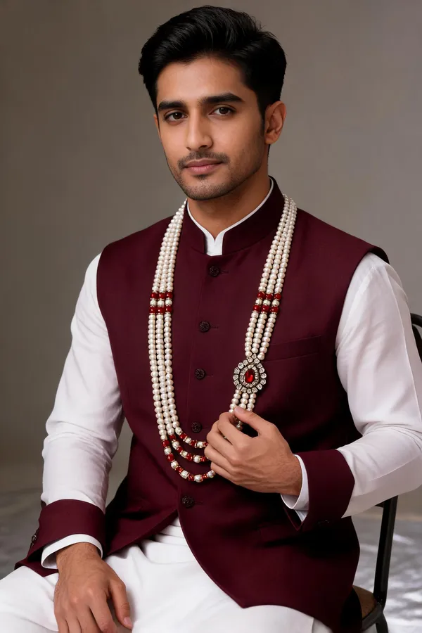White_Pearl_Red_Stone_Layered_Necklace_For_Groom