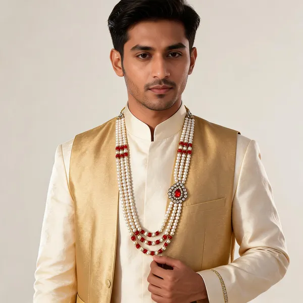 White_Pearl_Red_Stone_Layered_Necklace_For_Groom