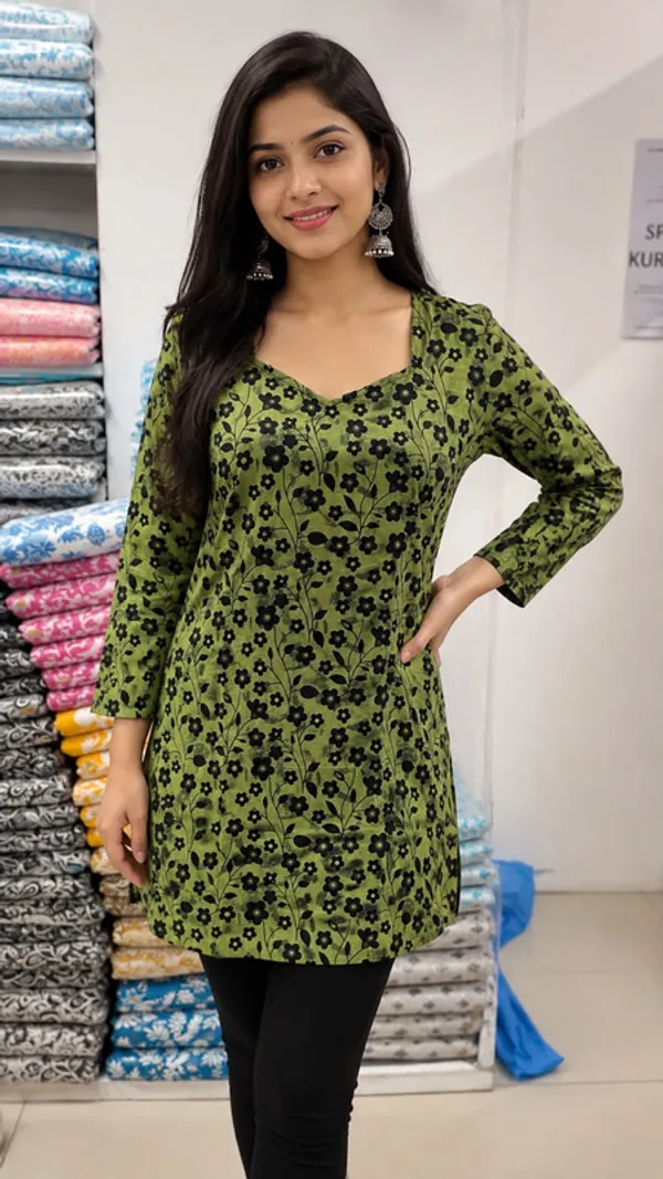 Green_Cotton_Floral_Print_Straight_Kurti_For_Women