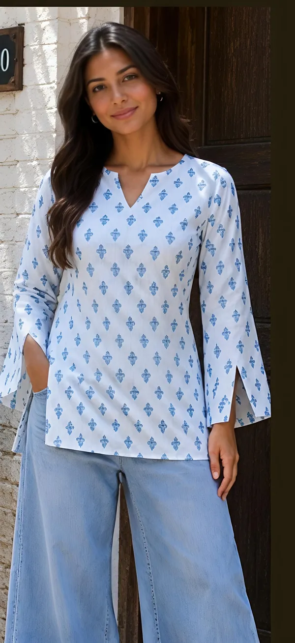 White_Cotton_Flared_Sleeve_Kurti_For_Women