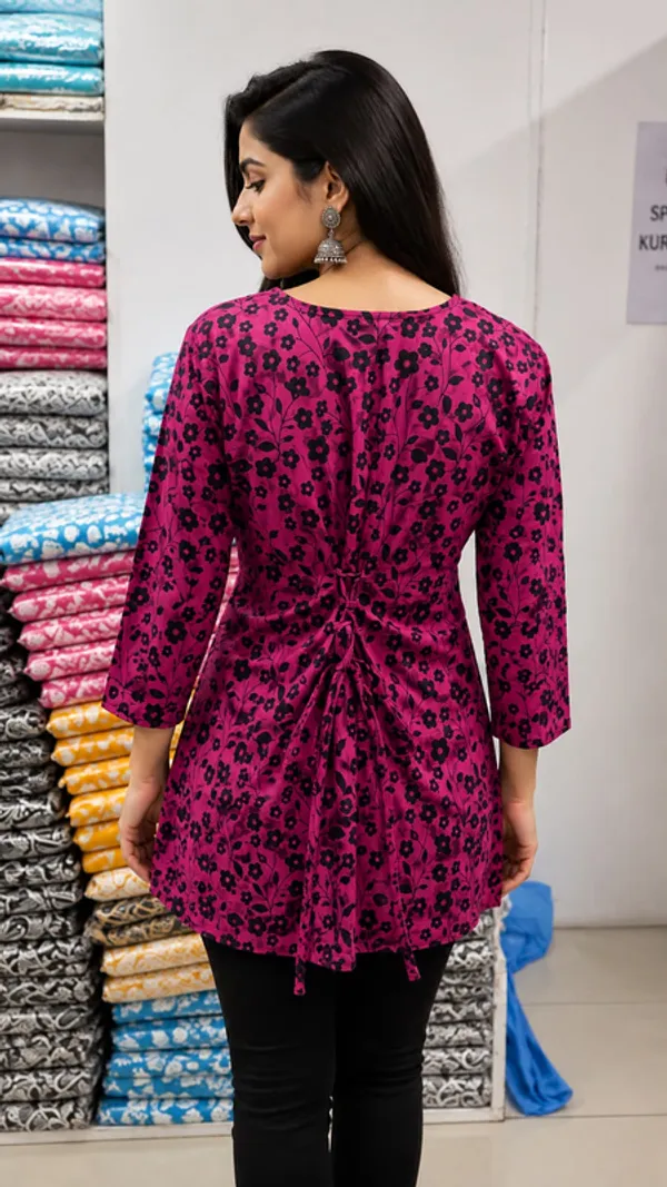 Magenta_Cotton_Floral_Print_Three-Quarter_Sleeve_Kurti_For_Women
