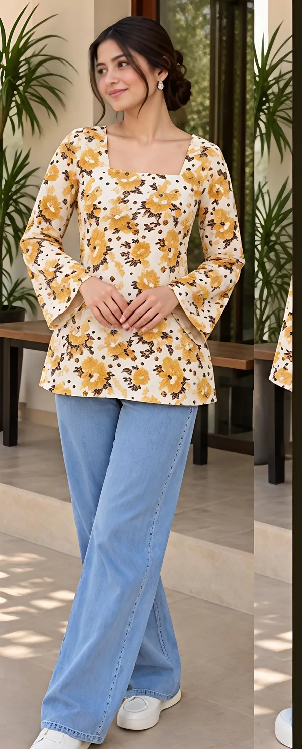 Cream_Cotton_Bell_Sleeve_Kurti_For_Women