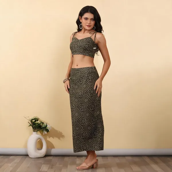 Brown_Cotton_Printed_Crop_Top_And_Skirt_Set_For_Women